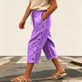 thumbnail image 1 of Twczz Girls Cotton Linen Capris with Pockets- Casual Elastic Waist Straight Leg Quick Dry Kids Beach Pants Purple Size 7-8 Years, 1 of 7