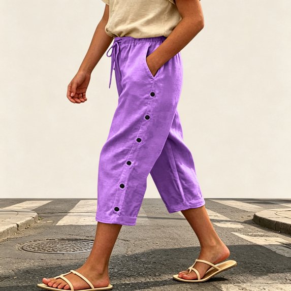 Twczz Girls Cotton Linen Capris with Pockets- Casual Elastic Waist Straight Leg Quick Dry Kids Beach Pants Purple Size 7-8 Years