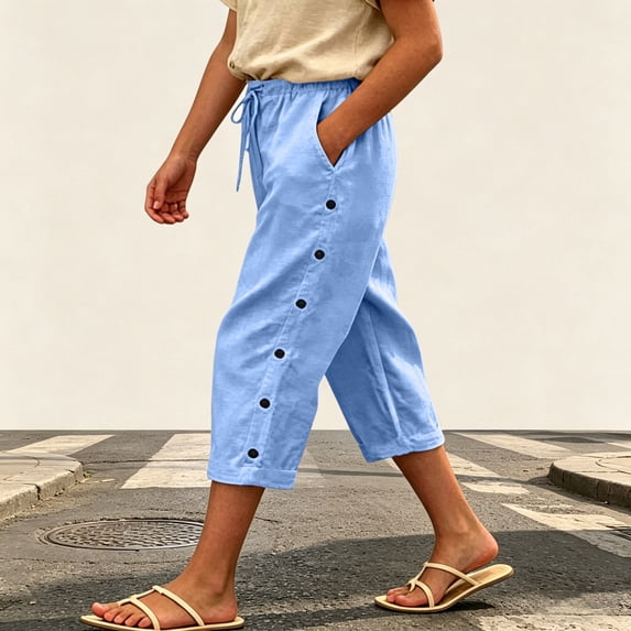 Twczz Girls Cotton Linen Capris with Pockets- Elastic Waist Casual Quick Dry Straight Leg Kids Beach Pants Light Blue Size 13-14 Years