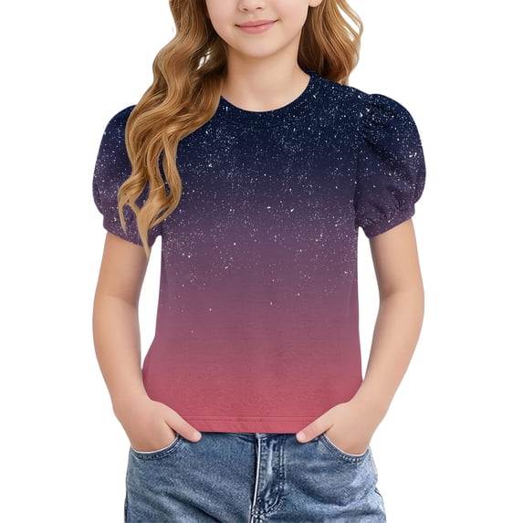 Twczz Girls Gradient T-Shirt- Summer Casual Puff Short Sleeve Cute Crewneck Kids Fashion Tops Pink Size 5-14