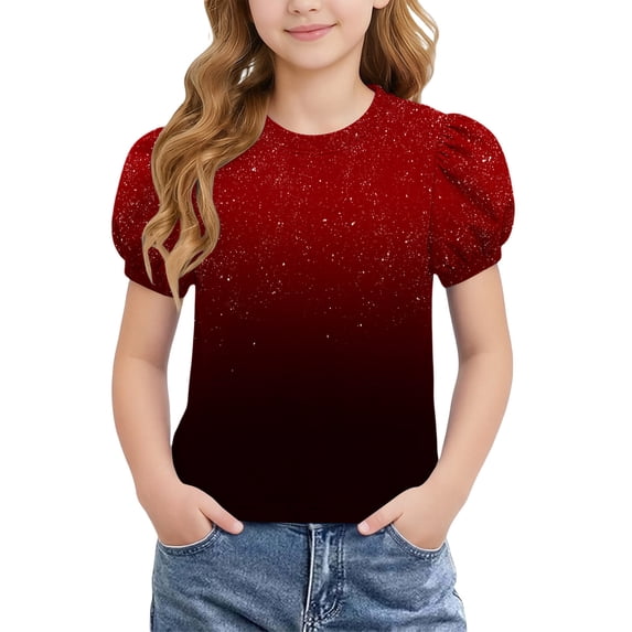 Twczz Girls Gradient T-Shirt- Summer Puff Short Sleeve Cute Casual Crewneck Kids Fashion Tops Wine Size 5