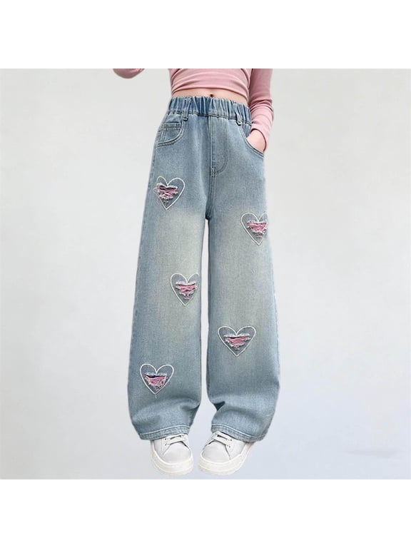 Girls Jeans with Pockets- Casual Wide Leg Cute Elastic Waist Kids Denim Pants Blue Size 10