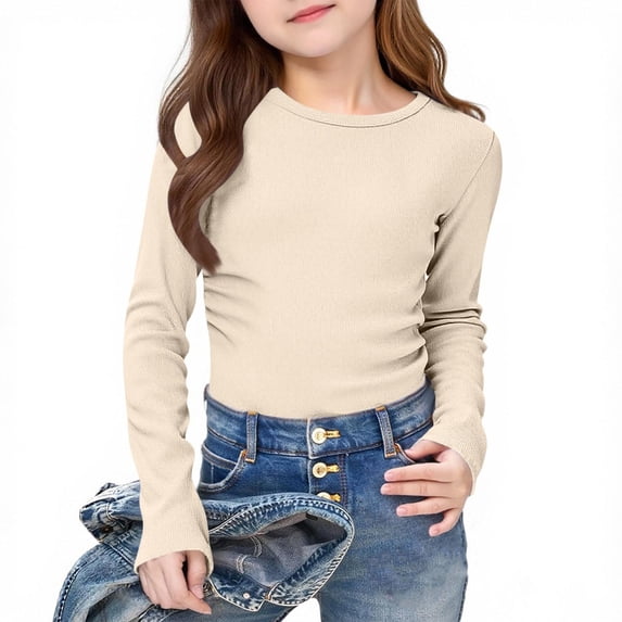 Twczz Girls Ribbed Shirts- Casual Crewneck Soft Long Sleeve Kids Undershirt Base Layering Tops Beige Size 5