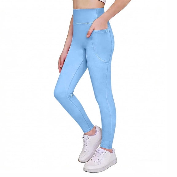 Twczz Girls Yoga Leggings with Pockets- Full Length Stretch High Wasit Athletic Pants Light Blue Size 12