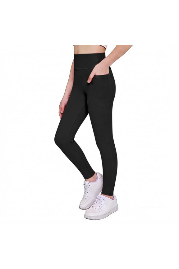 Girls Yoga Leggings with Pockets- High Wasit Full Length Stretch Athletic Pants Black Size 5-12