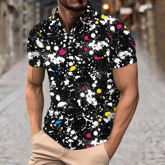 Twczz Mens Print Polo Shirts- Summer Fashion Casual Short Sleeve Performance Shirts Black Size XL
