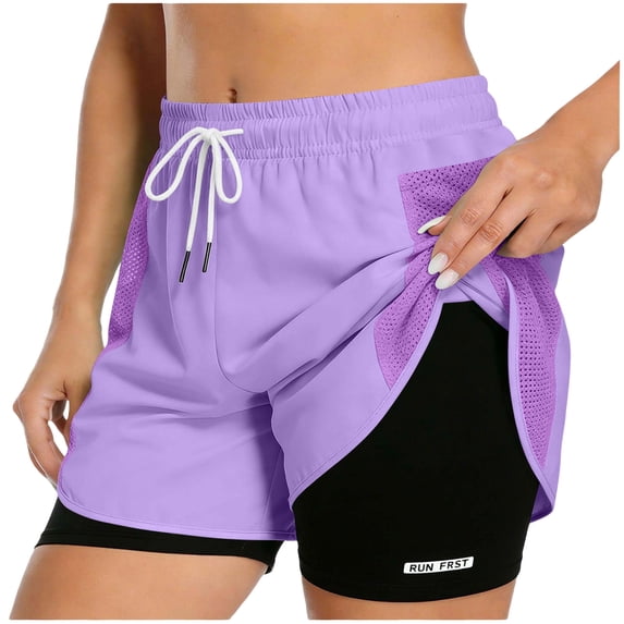 Twczz Womens Athletic Shorts with Pockets 2 In 1- Lightweight Drawstring Elastic Waist Quick Dry Breathable Running Shorts Purple Size L