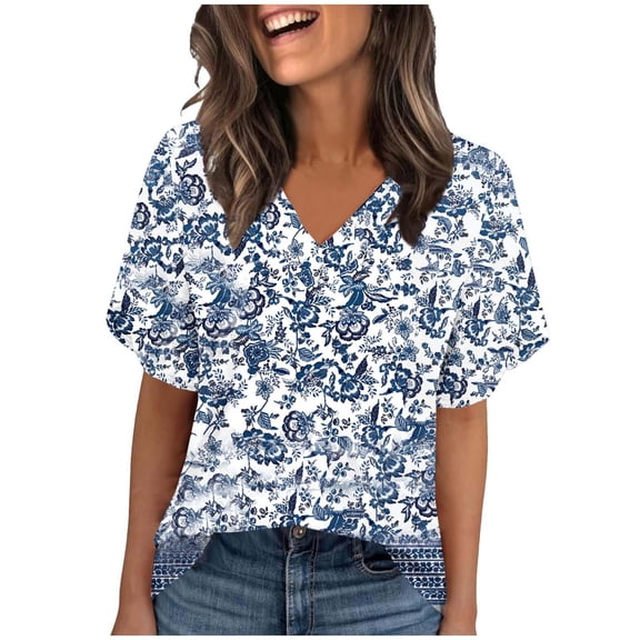 Twczz Womens Floral Shirts Short Sleeve- Casual Loose Fit V-Neck Summer Boho Tops Blouse Blue Size 2XL