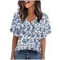 thumbnail image 1 of Twczz Womens Floral Shirts Short Sleeve- Casual Loose Fit V-Neck Summer Boho Tops Blouse Blue Size M, 1 of 8