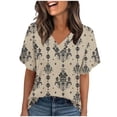 thumbnail image 1 of Twczz Womens Floral Shirts Short Sleeve- Casual V-Neck Loose Fit Summer Boho Tops Blouse Khaki Size S, 1 of 8