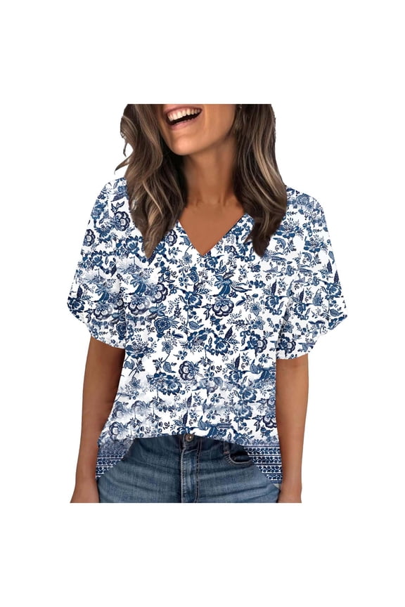 Womens Floral Shirts Short Sleeve- Loose Fit Casual V-Neck Summer Boho Tops Blouse Blue Size S-2XL