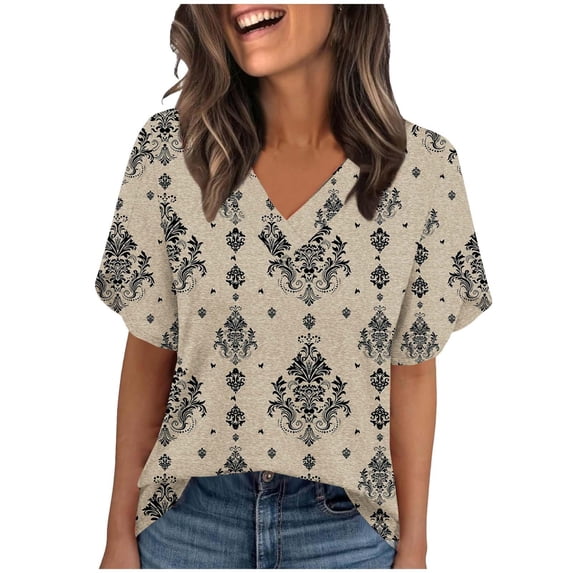 Twczz Womens Floral Shirts Short Sleeve- Loose Fit Casual V-Neck Summer Boho Tops Blouse Khaki Size 2XL