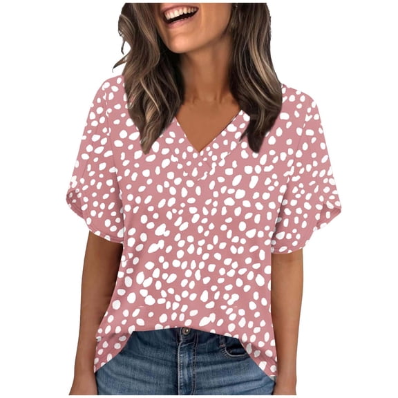 Twczz Womens Floral Shirts Short Sleeve- Loose Fit Casual V-Neck Summer Boho Tops Blouse Pink Size S