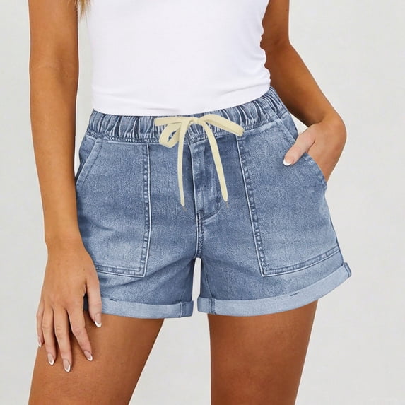 Twczz Womens Jean Shorts with Pockets- 5 Inch Inseam Casual Elastic Waist Drawstring Stretchy Denim Shorts Blue Size M