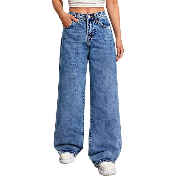 Twczz Womens Jeans with Pockets- High Waist Casual Wide Leg Baggy Denim Pants Blue Size M