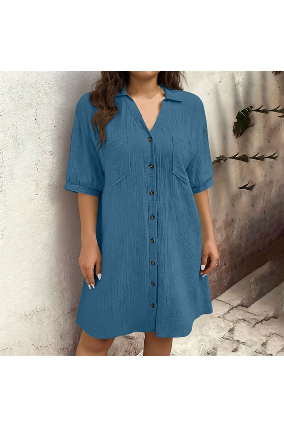 Womens Plus Size Cotton Shirt Dresses- Button Up Short Sleeve Pleated Casual Midi Work Dresses Navy Size 2XL