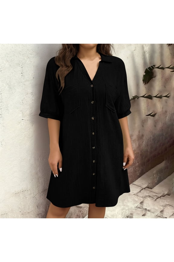 Womens Plus Size Cotton Shirt Dresses- Short Sleeve Pleated Casual Button Up Midi Work Dresses Black Size 3XL