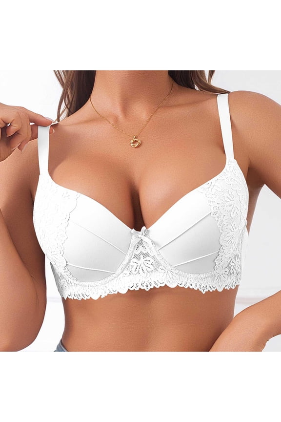 Womens Push Up Bras with Lace- Embroidery Padded Sexy Underwire Lift-Up Bras White Size 32C