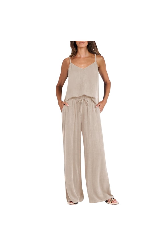 Camisole Long Set Spaghetti Strap Sleepwear Basic Sleepwear V Neck Pjs Set Lounge Sets Outfits Lounge Set Camisole Pajamas Sets Cami Wide Leg Pants Soft Comfortable Beige XL