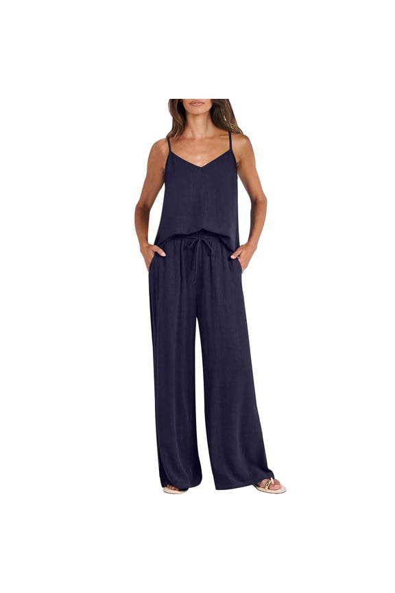 Camisole Long Set Summer 2 Piece Pajamas Cami Wide Leg Pants Thin Strap Pajamas Tracksuit Pjs Matching Cami Long Spaghetti Strap Sleepwear pajamas for women camisole nightshirt Navy S