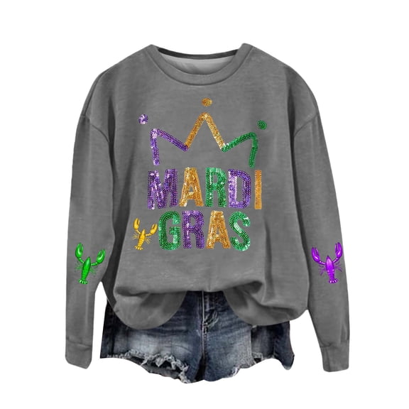 Tweang Carnival Sweatshirt Mardi Gras Clothing Plus Mardi Gras Long Sleeve Shirt for Women Loose Fitting Tops for Women Hoodies for Women Mardi Gras Sweatshirt Women Dark Gray L