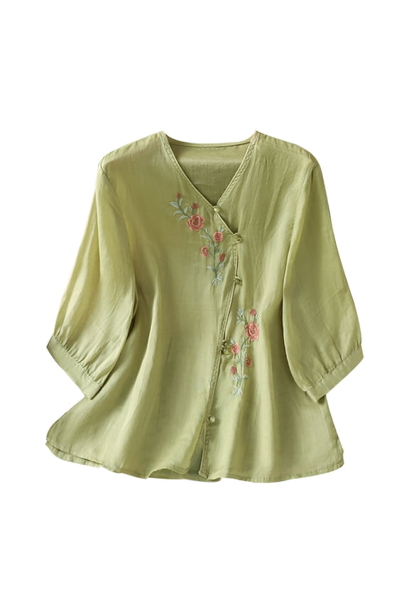 Cotton Blend Tops for Women Cotton Button Down Graphic Shirt Embroidery Plain Top Cotton Linen Tunic Tops Boho Tops for Women 2026 Bohemian Shirts Floral Embroidered Boho Tops Tunic Green L
