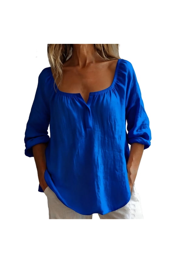 Cotton Blend Tops for Women Peasant Blouses V Neck Traditional Mexican Shirts Womens 3/4 Sleeve Button Down Shirts Crew Neck Shirt Mexican Blouses for Women Button Down Dress Shirts Blue M