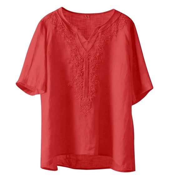 Tweang Cotton Linen Shirts Cotton Linen Tunic Tops Boho Peasant Blouses Single Breasted Beach Top Cotton Linen Embroidered Tops Linen Embroidered Shirts Cotton Linen Shirts Red 2XL