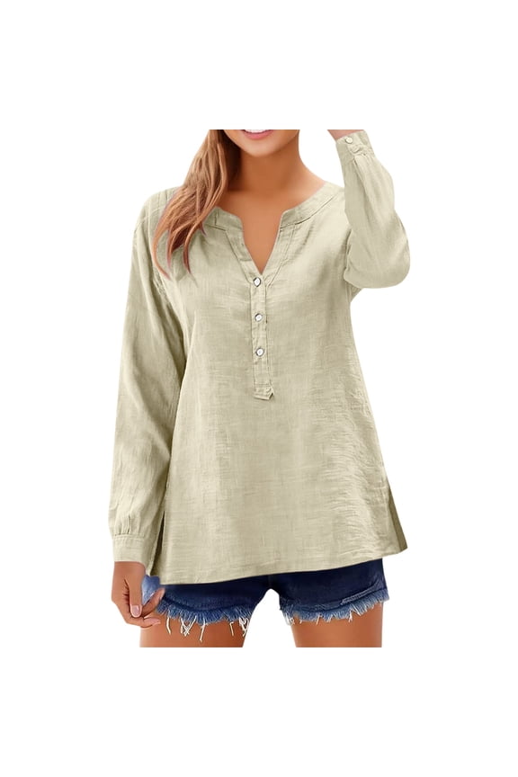 Cotton Linen Shirts Workout Tops Cotton Linen Beach Tops Shirts Loose Gauze Tunics Loose Fit Casual V-neck Tops Loose Fit Blouses Women's Linen-cotton Pleated Tunic Shirt Fall Tops Beige S