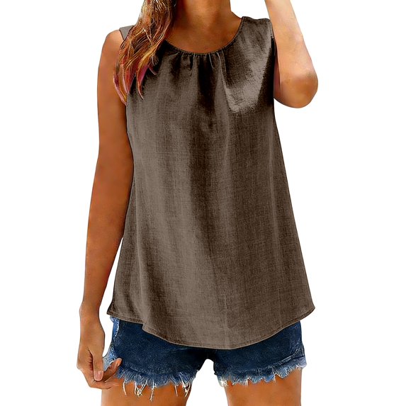 Tweang Cotton Linen Tops for Women Gauze Shirts Camisole Womens Cotton Linen Sleeveless Tank Tops Fashion Cotton Collared Blouse Running Tennis Yoga Sleeveless Crewneck Cropped Tank Tops Beige M