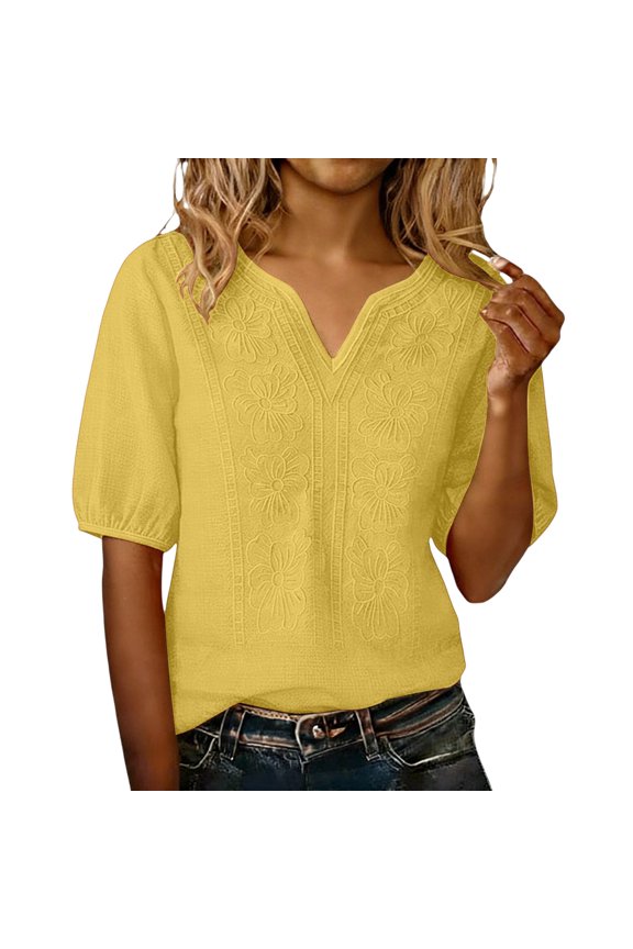 Cotton Tunic Tops for Women Cotton Yarn Breathable Roll Up Short Sleeve T-shirt Cotton Linen Short Sleeve Vintage Vacation Tees Crewneck Button Blouse Tunic Boho Peasant Blouses Yellow L