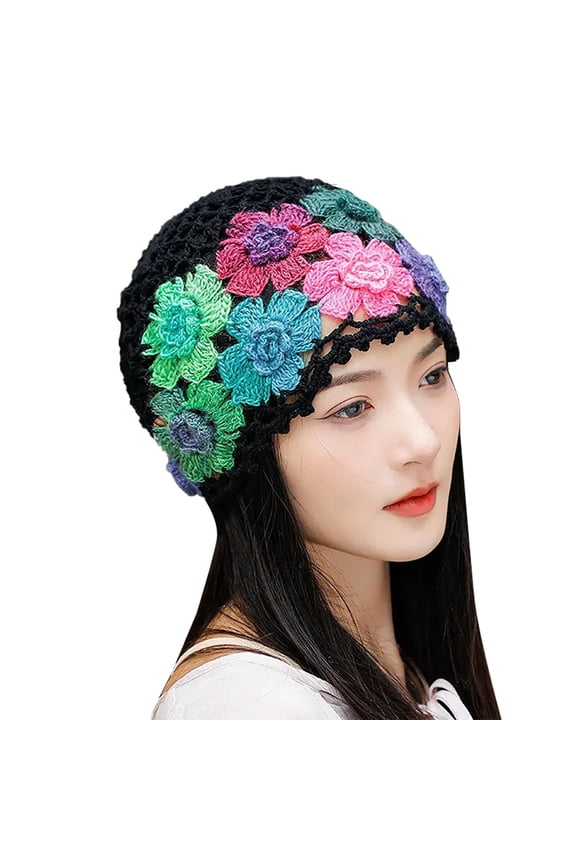 Crochet Beanie Hat Crochet Flower Beanie Handmade Hollow Hat, Style Flower Hollow Knitted Hat, Handmade Knit Floral Beanie Hat, Stretchy Knitted Crochet Hat Black One Size