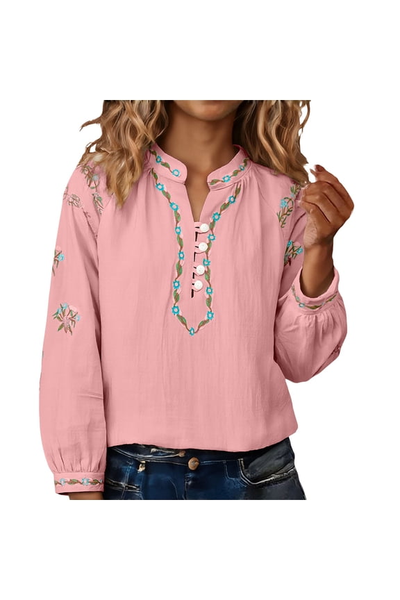 Embroidered Peasant Tops Boho Ethnic Style Peasant Tee Bohemian Shirts Cotton Yarn Long Sleeve Shirt Tunic Embroidered Shirts Linen Embroidered Loose Gauze Tunics V Neck Tunic Pink XL