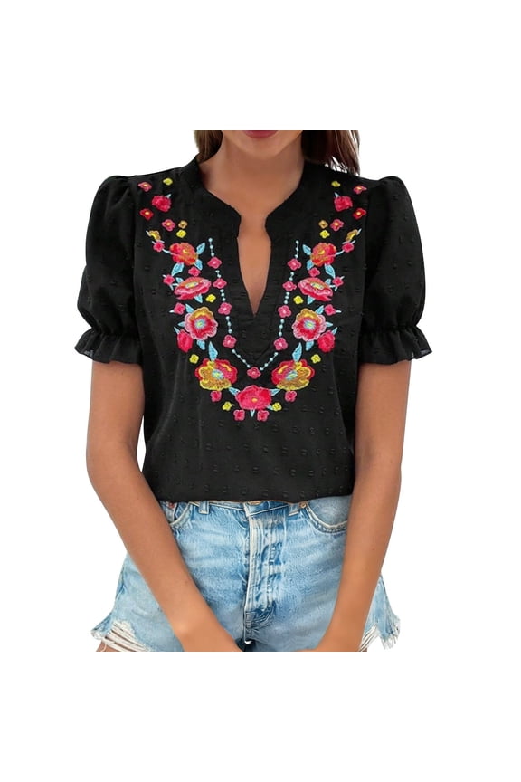 Embroidered Peasant Tops Cotton Button Down Graphic Shirt Peasant Blouses for Women Embroidery Plain Top Bohemian Shirts Cotton Linen Short Sleeve Cotton Linen Embroidered Tops Black L