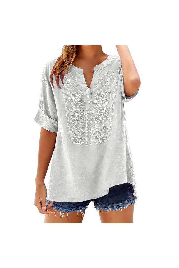 Embroidered Peasant Tops Shirts Embroidered Shirts Short Sleeve Gauze Tops Cotton Linen Short Sleeve Crewneck Button Blouse Boho Ethnic Style Peasant Tee Loose Fit Cotton Blouses White L