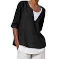 thumbnail image 1 of Tweang Embroidered Tops for Women Linen-cotton Pleated Tunic Shirt 3/4 Roll Up V Neck Sleeve Cotton Linen Shirts Floral Gauze Tunics Side Slit Tops for Women 3/4 Sleeve 3/4 Sleeve Boho Black L, 1 of 5