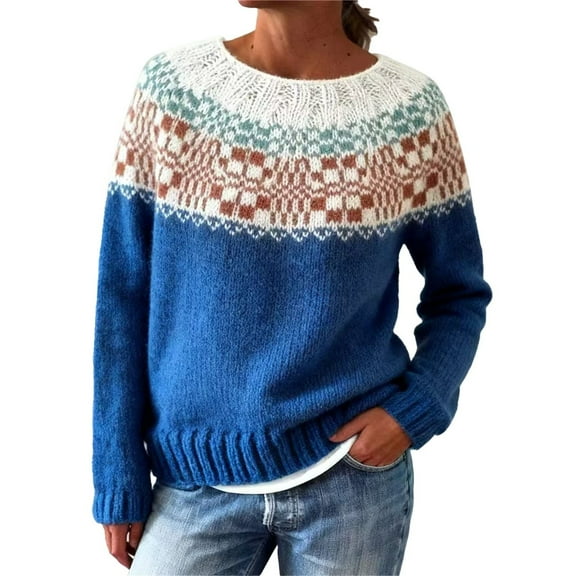 Tweang Fair Isle Sweater Women Knitted Sweater Vintage Sweater Women Oversized Sweaters for Women Thanksgiving Sweaters for Women Sweater Tops for Women's Sweaters Blue 2xl