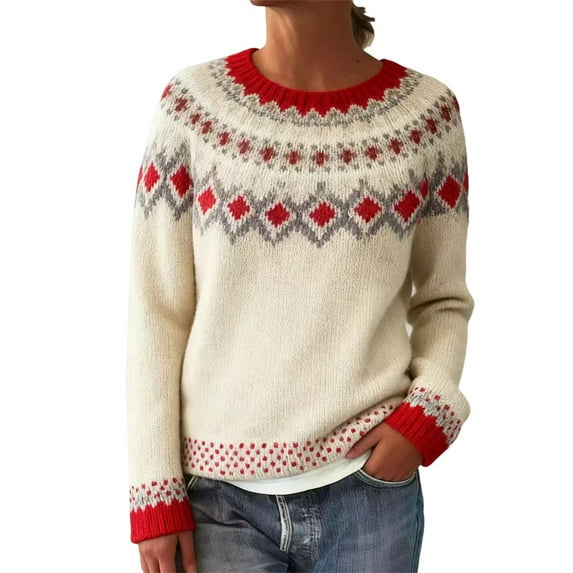 Tweang Fair Isle Sweater Women Knitted Sweater Vintage Sweater Women Sweater Tops for Women Sweaters for Women Trendy Nordic Sweaters for Women Long Sleeve Pullover Light Yellow Xl