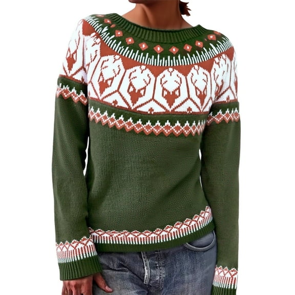 Tweang Fair Isle Sweater Women Wool Sweater Women Pattern Sweaters for Women Pullover Sweaters for Women Jumper Tops Crew Neck Pullover Crochet Sweater Dark Gray M