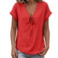 thumbnail image 1 of Tweang Gauze Shirts for Women Cotton Linen Embroidered Tops Lapel Long Blouses Tops Loose Fit Tunic Half Sleeve Casual Blouses Oversized Button Down Shirts for Women Loose Gauze Tunics Red 2XL, 1 of 8