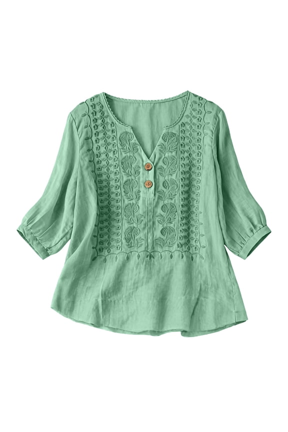 Gauze Shirts for Women Cotton Yarn Long Sleeve Shirt Crewneck Button Blouse Short Sleeve Gauze Tops Loose Vintage Shirts Cotton Button Down Graphic Shirt Boho Ethnic Style Peasant Tee Green M