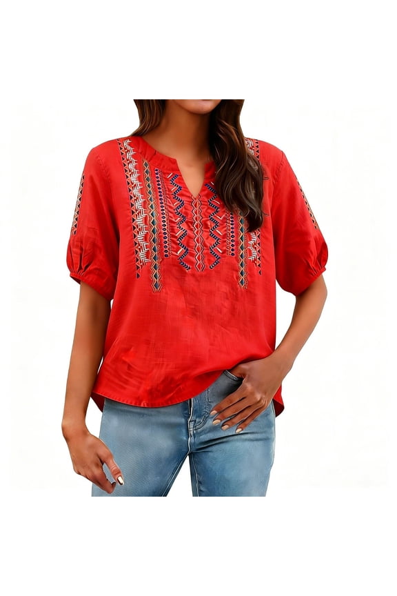 Gauze Shirts for Women Embroidery Gauze T-shirt for Women Cotton Linen Tunic Tops Loose Fit Tunic Cotton Button Down Graphic Shirt Gauze Button Down Shirts for Women Retro Embroidered Red M