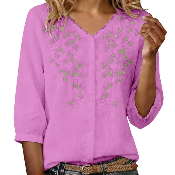 Tweang Gauze Shirts for Women Retro Embroidered 3/4 Sleeve Boho Tops Loose Fit Tunic Plain Embroidery Blouse Loose Casual Solid Tops Short Sleeve Gauze Tops Single Breasted Beach Top Pink L