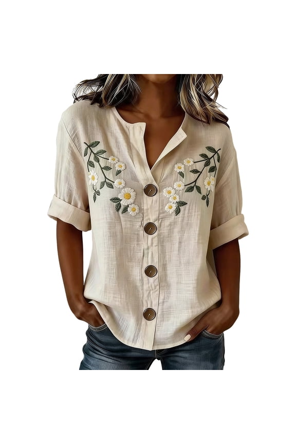 Henley Top Full Button Front 3/4 Sleeve Tshirts Peasant Blouses Soft Shirts for Women Basic Clothes Trendy Dressy Tee Thin Shirts Lounge Tees Shirts for Women Beige L