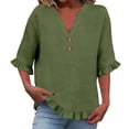 thumbnail image 1 of Tweang Linen Blouse Roll Up Short Sleeve Loose Fit V Neck Ladies Blouse 3/4 Sleeve Boho Side Slit Tops for Women Solid Color Tunic Tops Loose Gauze Tunics Bohemian Tops for Women Green S, 1 of 6