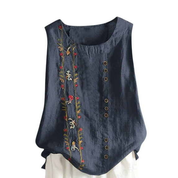 Tweang Linen Tank Tops for Women Going Out Top Basic Tank Tops Off Shoulder Flowy Tunic Solid Color Loose Fit T-shirt Camisole Party Club Wide Shoulder Strap Crewneck Blouse Clothes Outfits Blue M