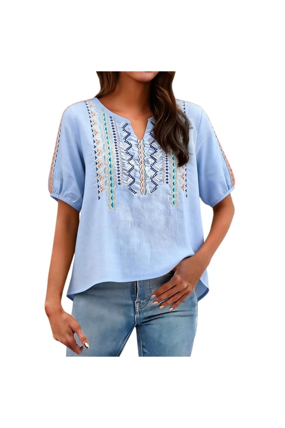 Linen Tunic Boho Ethnic Style Peasant Tee Gauze Button Down Shirts for Women Cotton Yarn Long Sleeve Shirt Floral Embroidered Boho Tops Linen Embroidered Shirts Blue XL