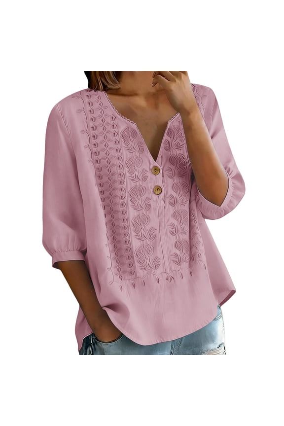 Linen Tunic V Neck Tunic Boho Ethnic Style Peasant Tee Retro Embroidered Vintage Vacation Tees Half Sleeve Casual Blouses Floral Embroidered Boho Tops Boho Peasant Blouses Pink L