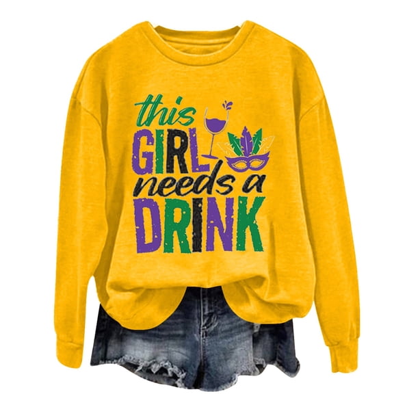 Tweang Mardi Gras Hoodies for Women Mardi Gras Long Sleeves Shirts Plus Size Women Mardi Gras Print Sweatshirt Sweatshirts for Women Trendy Tunic Sweatshirt Mardi Gras Clothing Yellow 1 L