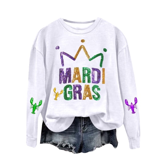Tweang Mardi Gras Long Sleeve Shirt for Women's Mardi Gras Print Casual Hooded Sweatshirt Christmas Vacation Shirts Oversized Sweatshirt for Women Mardi Gras Clothing White M